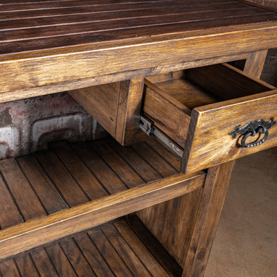 Redstone Bullhorn Tailgate Western Bar Cabinet western bar with utility drawer, iron ring pull, and slatted reclaimed wood shelving