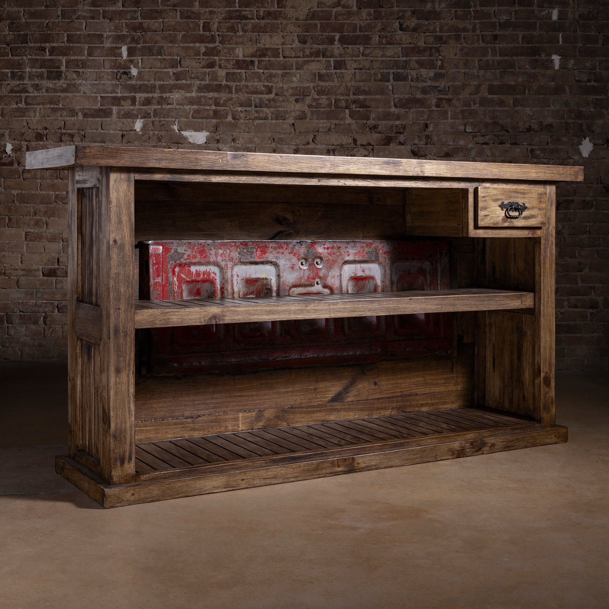 Redstone Bullhorn Tailgate Western Bar Cabinet western bar side detail with framed reclaimed wood panels and substantial base trim