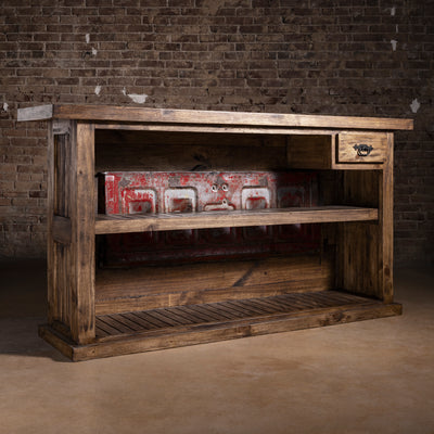 Redstone Bullhorn Tailgate Western Bar Cabinet western bar side detail with framed reclaimed wood panels and substantial base trim