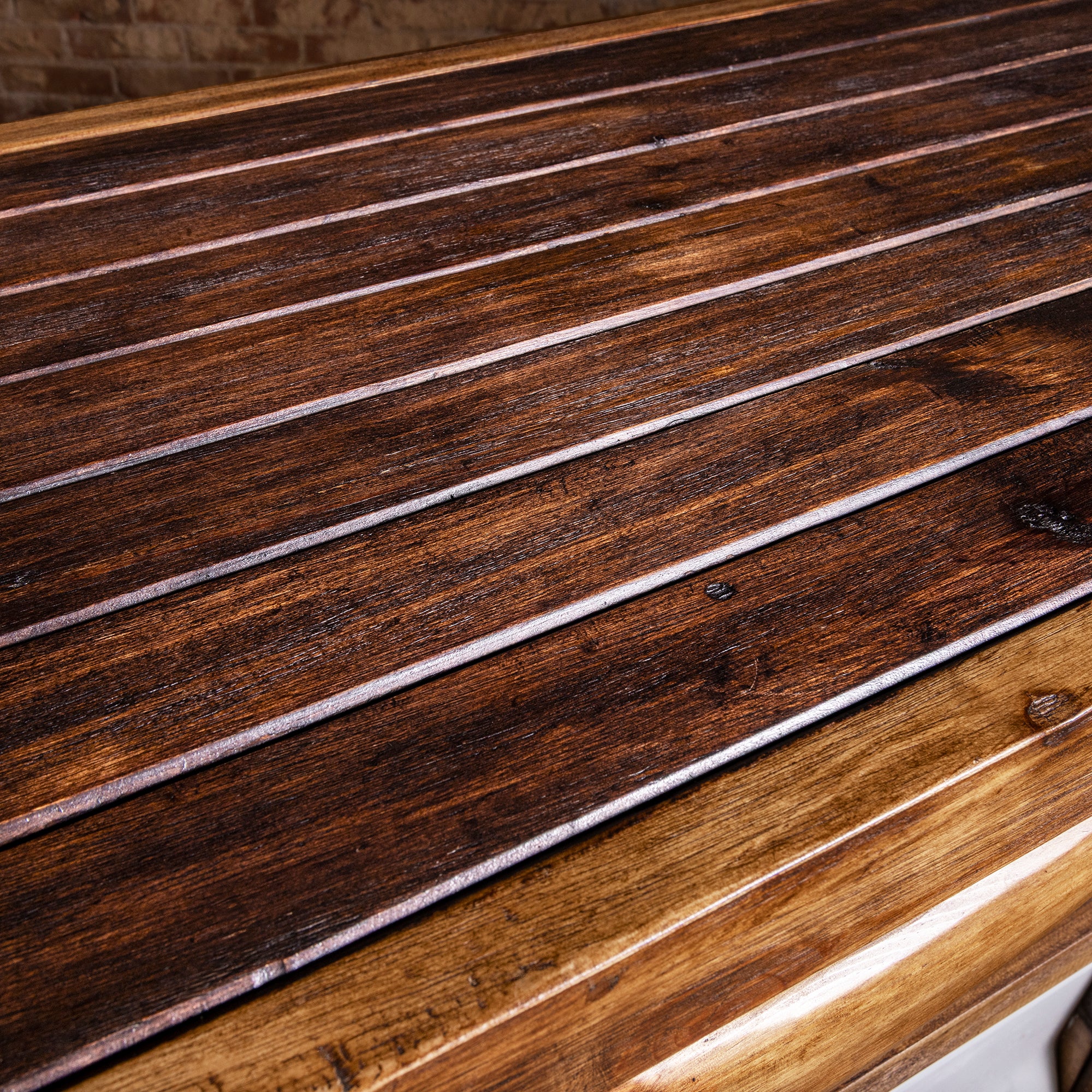 Redstone Bullhorn Tailgate Western Bar Cabinet western bar with utility drawer, iron ring pull, and slatted reclaimed wood shelving