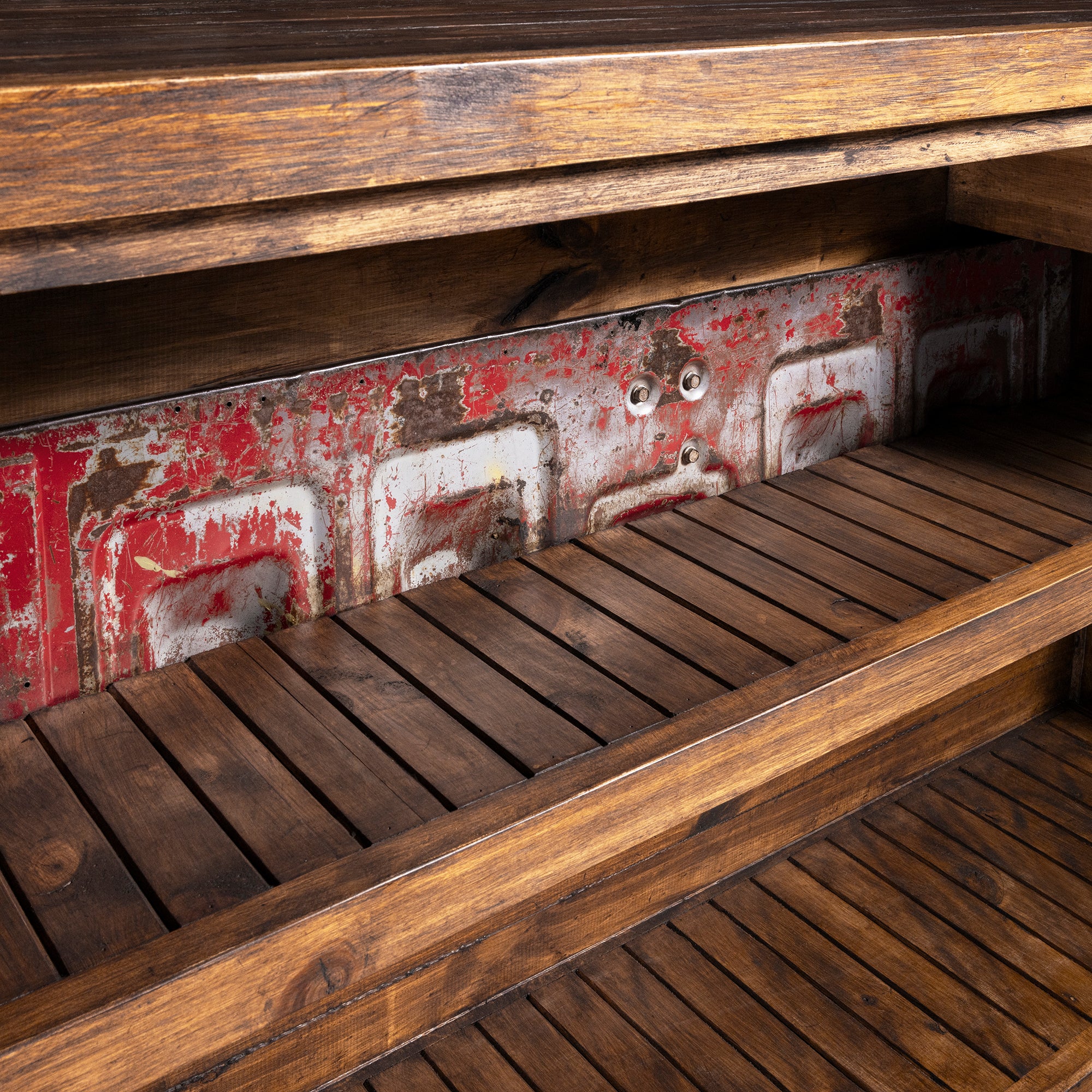 Redstone Bullhorn Tailgate Western Bar Cabinet western bar interior with open slatted shelves and vintage Chevrolet tailgate backing