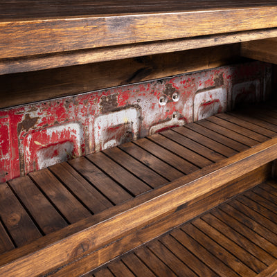 Redstone Bullhorn Tailgate Western Bar Cabinet western bar interior with open slatted shelves and vintage Chevrolet tailgate backing