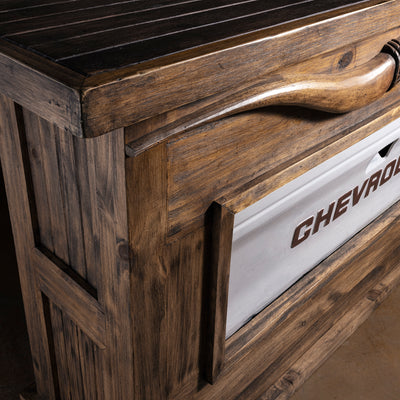 Redstone Bullhorn Tailgate Western Bar Cabinet western bar corner detail with reclaimed wood trim, framed paneling, and tailgate insert
