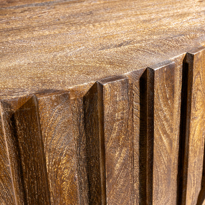 Ridgeline Drum Coffee Table close detail of weathered wood grain top on a round fluted Western coffee table