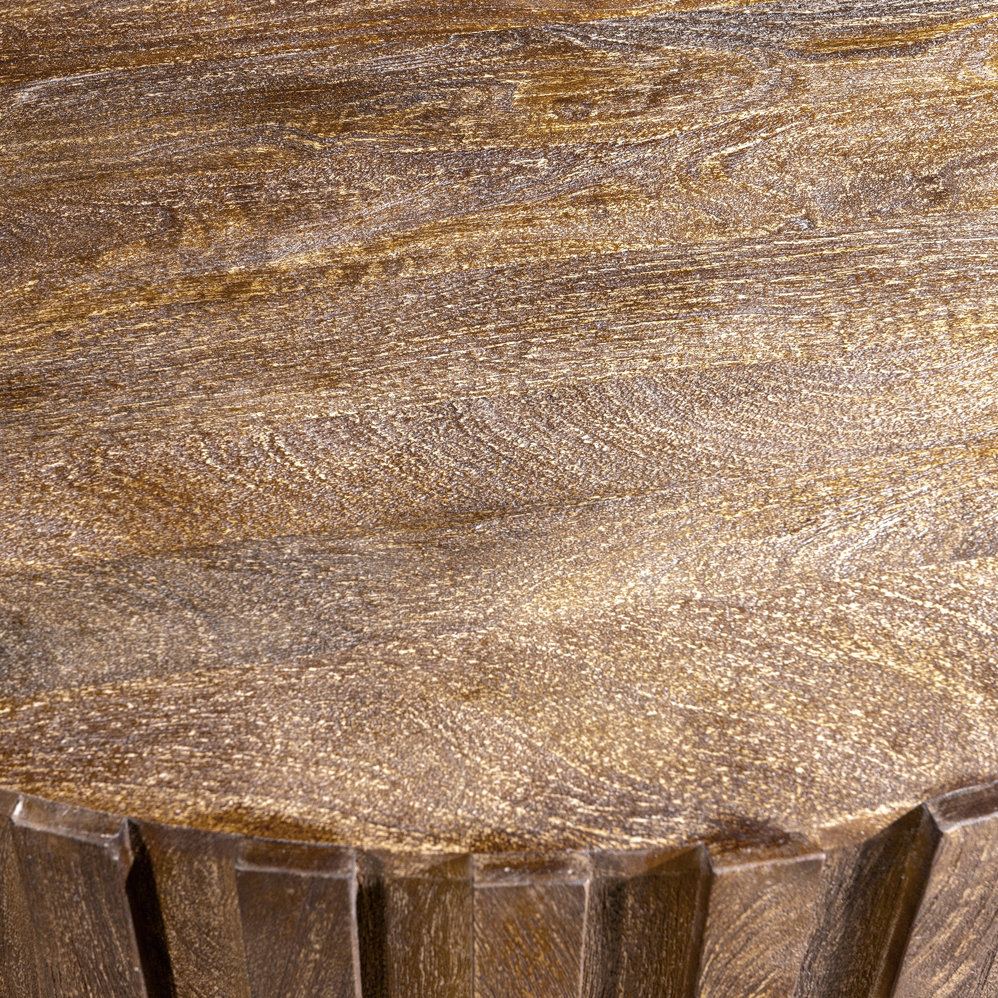 Ridgeline Drum Coffee Table round Western coffee table with weathered wood grain, sculptural fluting, and ranch presence
