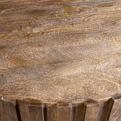 Ridgeline Drum Coffee Table round Western coffee table with weathered wood grain, sculptural fluting, and ranch presence