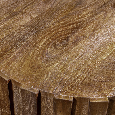 Ridgeline Drum Table close detail of round wood tabletop with visible grain, textured finish, and Western accent table character