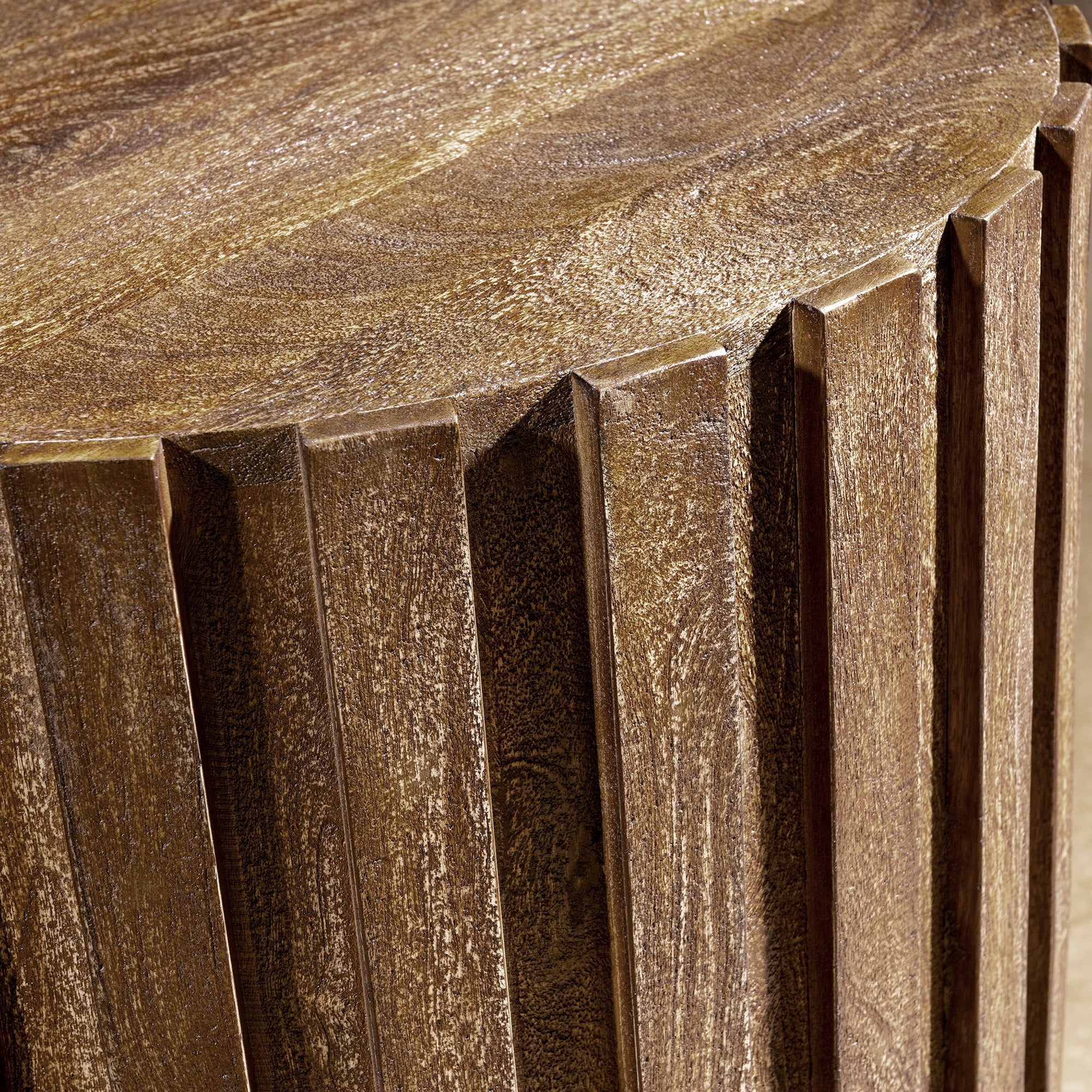 Ridgeline Drum Table western accent table showing barrel-style wood body, vertical ribbing, and warm weathered brown finish