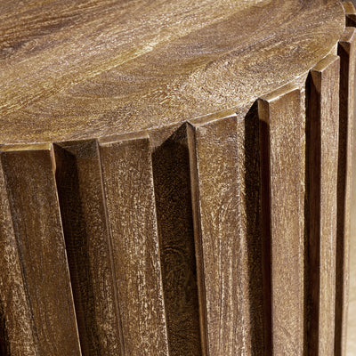 Ridgeline Drum Table western accent table showing barrel-style wood body, vertical ribbing, and warm weathered brown finish