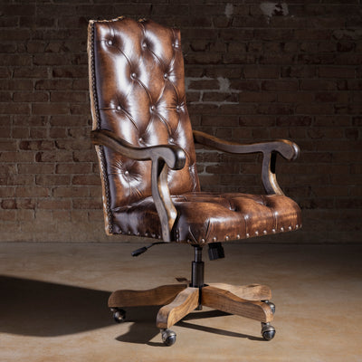 Tufted top-grain leather Western desk chair with axis hide back and casters