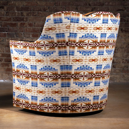 Back of Rio Sol Pendleton Swivel Chair showing blue and rust Pendleton pattern