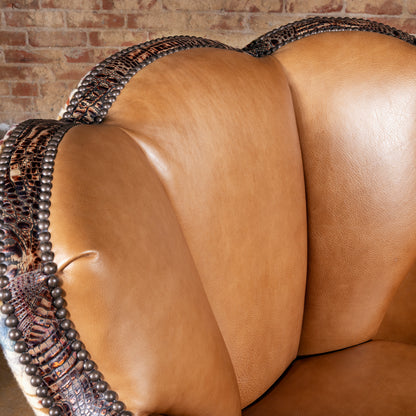 Tan top-grain leather inside back of Western swivel chair