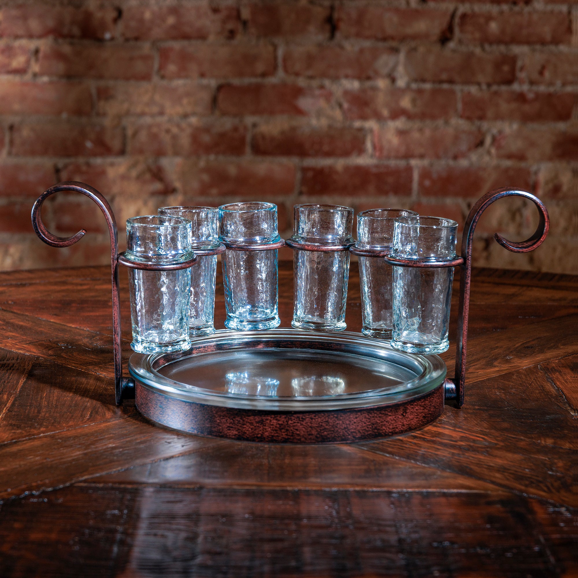 Round Western shot glass set with hammered tray
