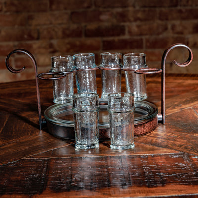 Rustic shot glass set with hammered glass and iron handles