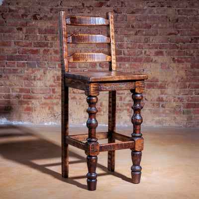 Rustic reclaimed wood bar stool with ladder-back design and natural finish – handcrafted Western-style seating for kitchen or bar areas