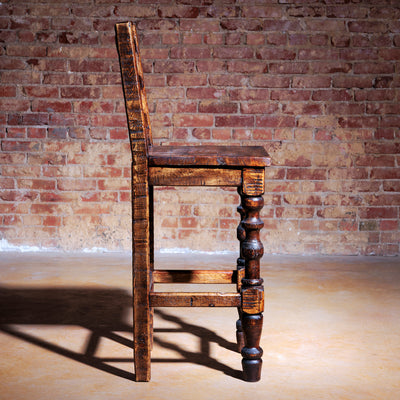 Side profile showing rustic grain on reclaimed wood bar stool