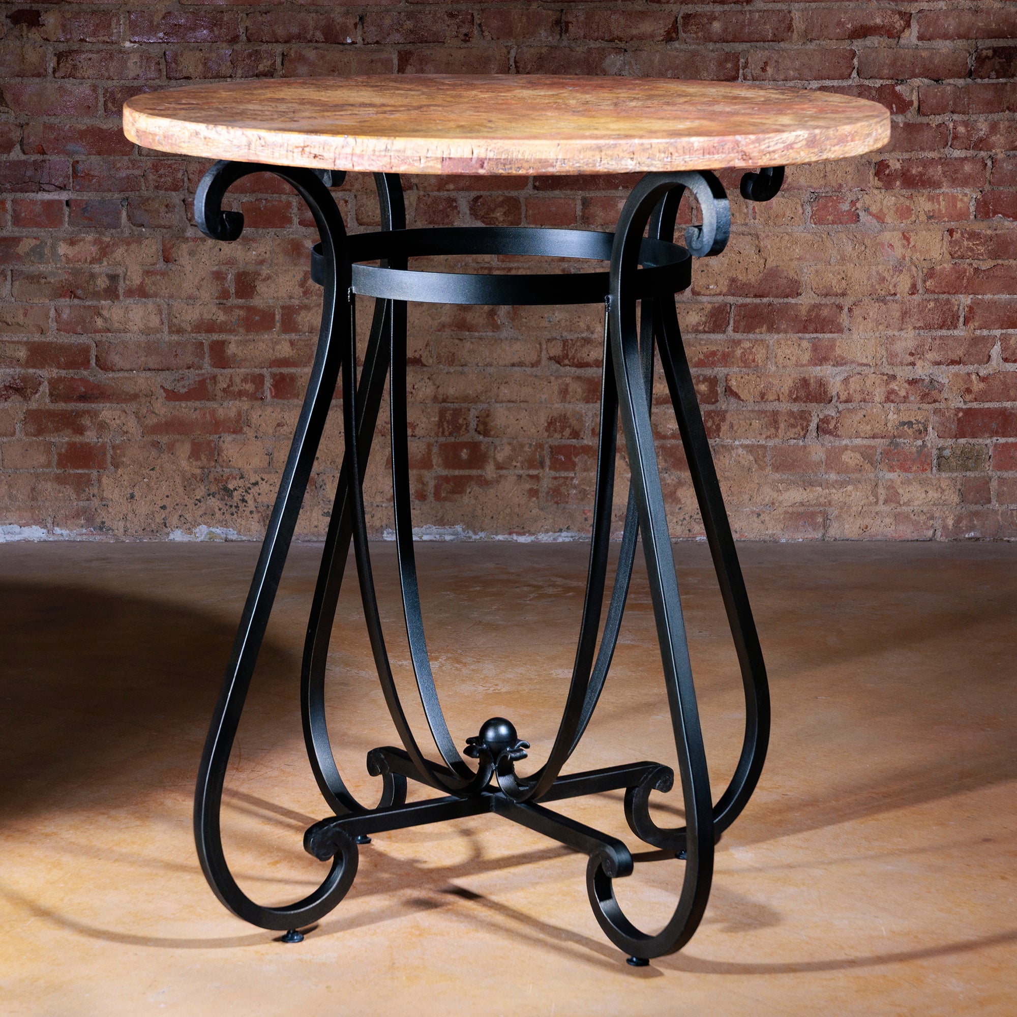 Western Rustic Travertine Top and Iron Base Pub Table