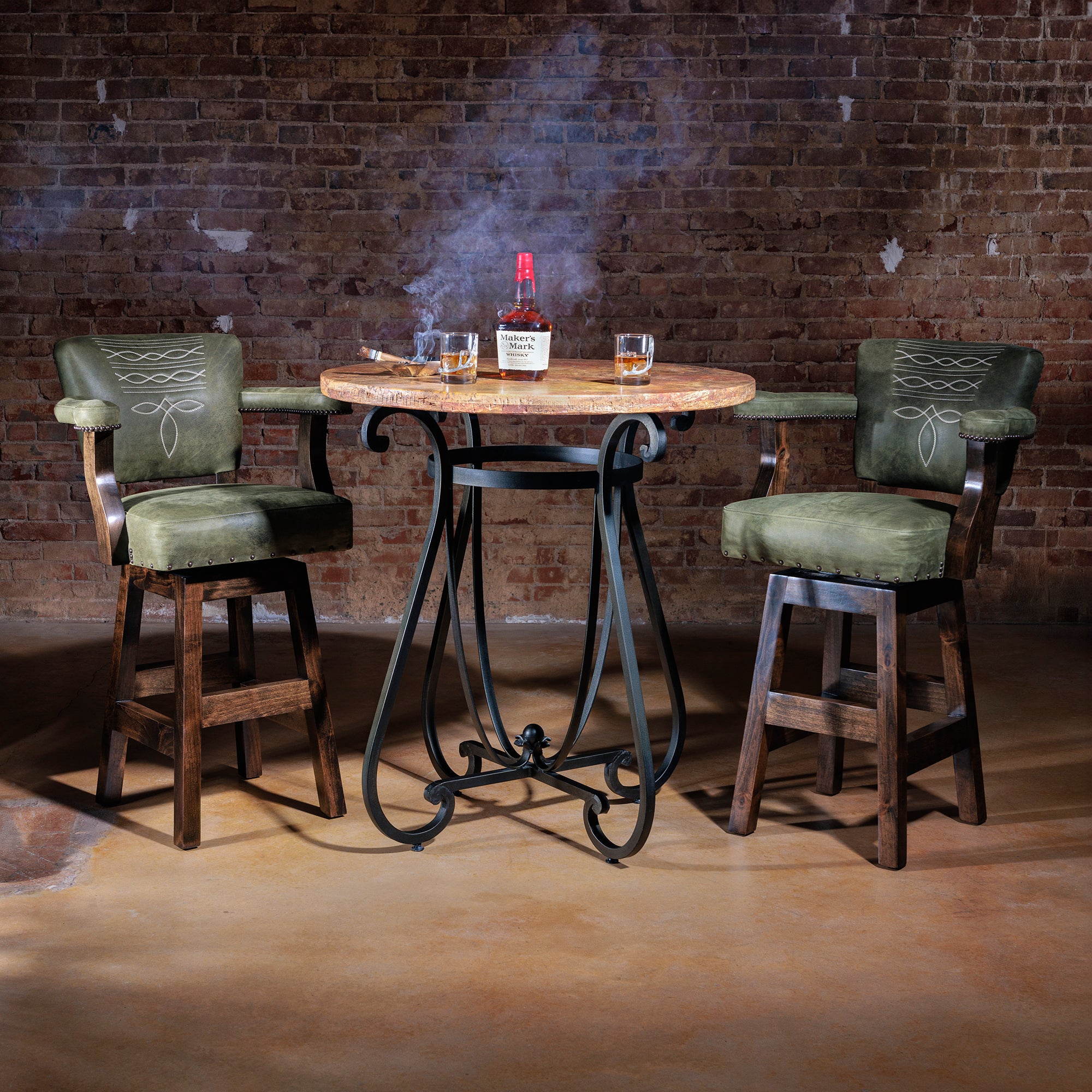 Western Rustic Travertine Top and Iron Base Pub Table