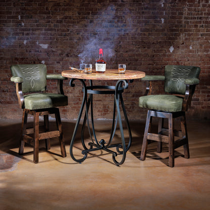 Western Rustic Travertine Top and Iron Base Pub Table