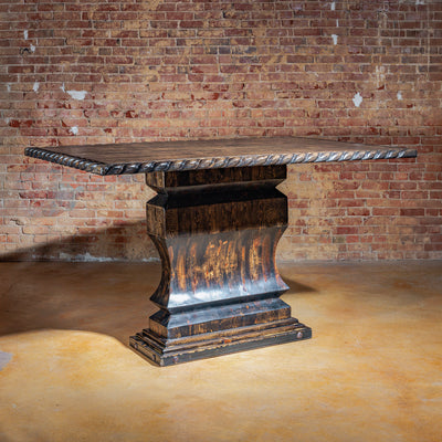 Full view of large rustic pub-height table