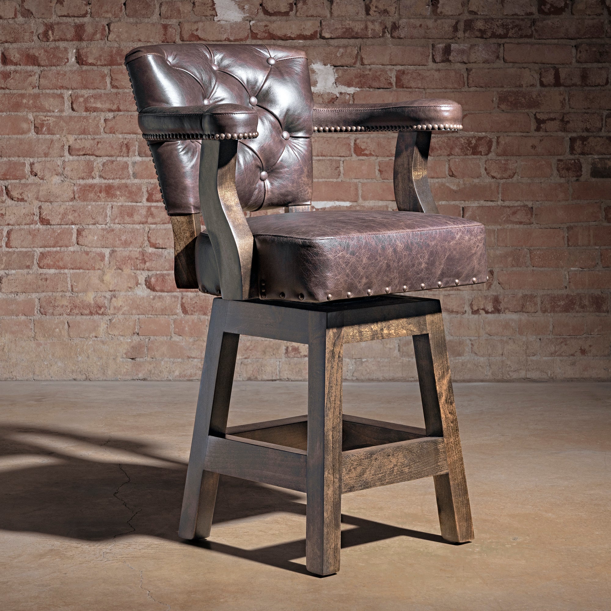 Sable Crest Hideback Bar Stool western cowhide bar stool with top-grain brown leather, tufted back, hair-on-hide panel, and alderwood base.