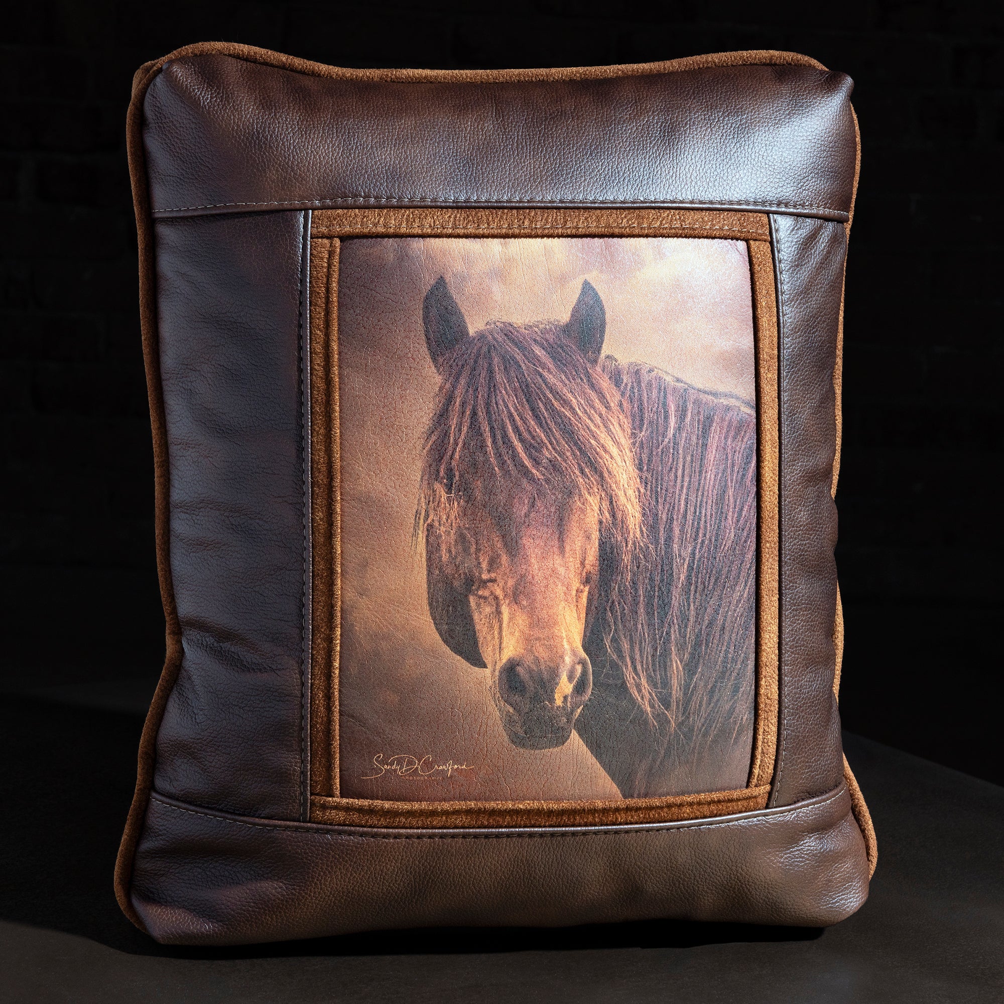 Sable Mane Bay Stallion Leather Western Throw Pillow western throw pillow with brown leather frame, bay stallion portrait, and suede trim