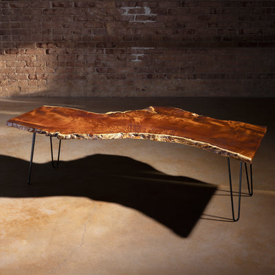 Sable Ridge live-edge walnut coffee table with iron hairpin legs, hero view