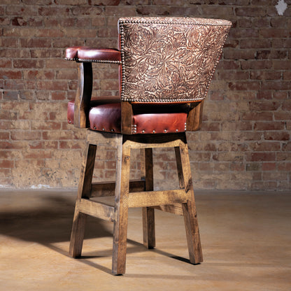 Floral tooled leather back panel on Saddlecrest Tooled Leather Bar Stool