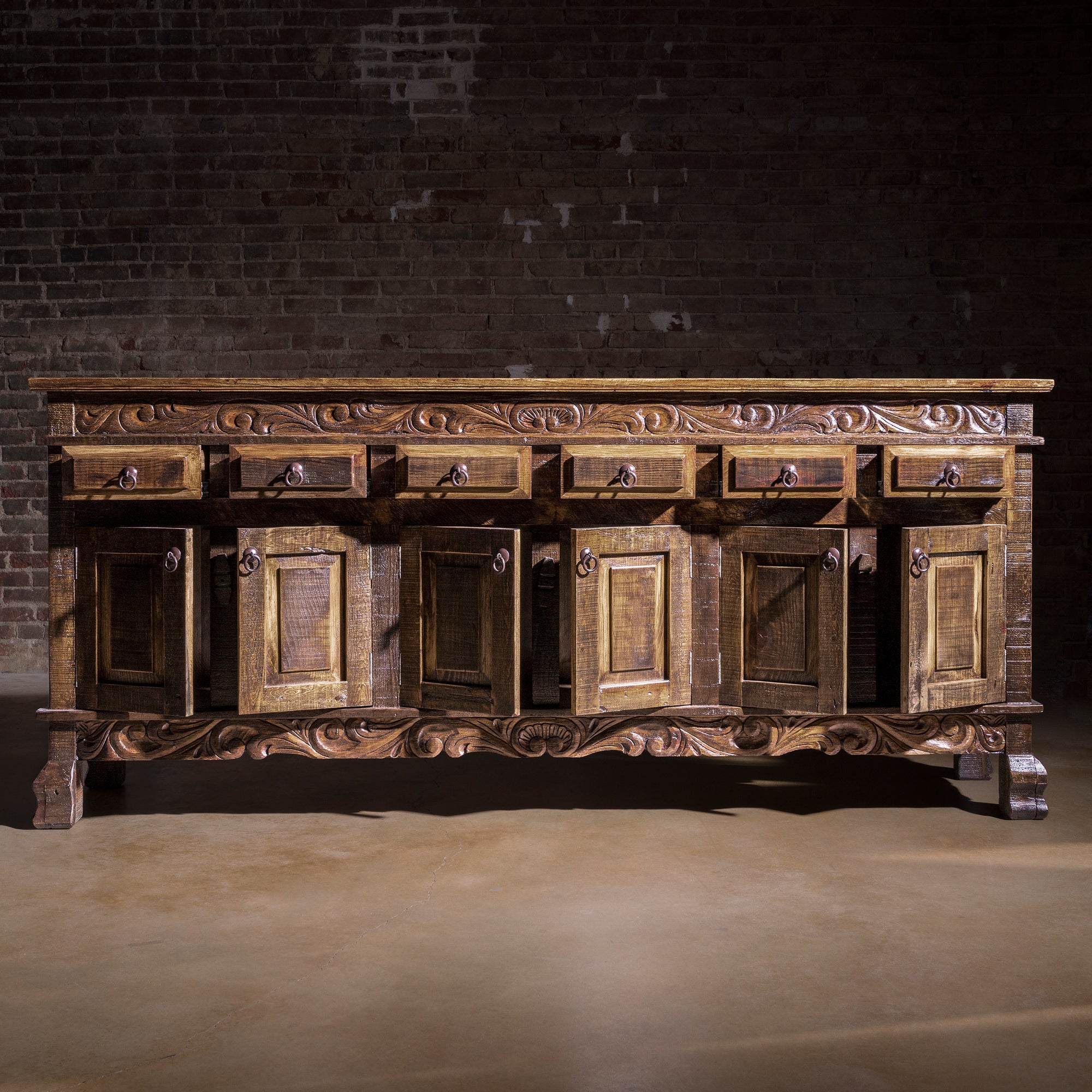 Open-door view showing interior cabinet storage in reclaimed wood Western buffet