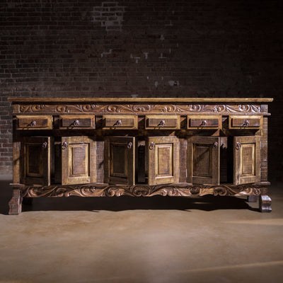 Open-door view showing interior cabinet storage in reclaimed wood Western buffet