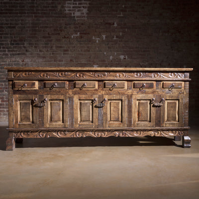 Front view of Sagebrush Scrollwork Buffet with drawers and cabinet storage