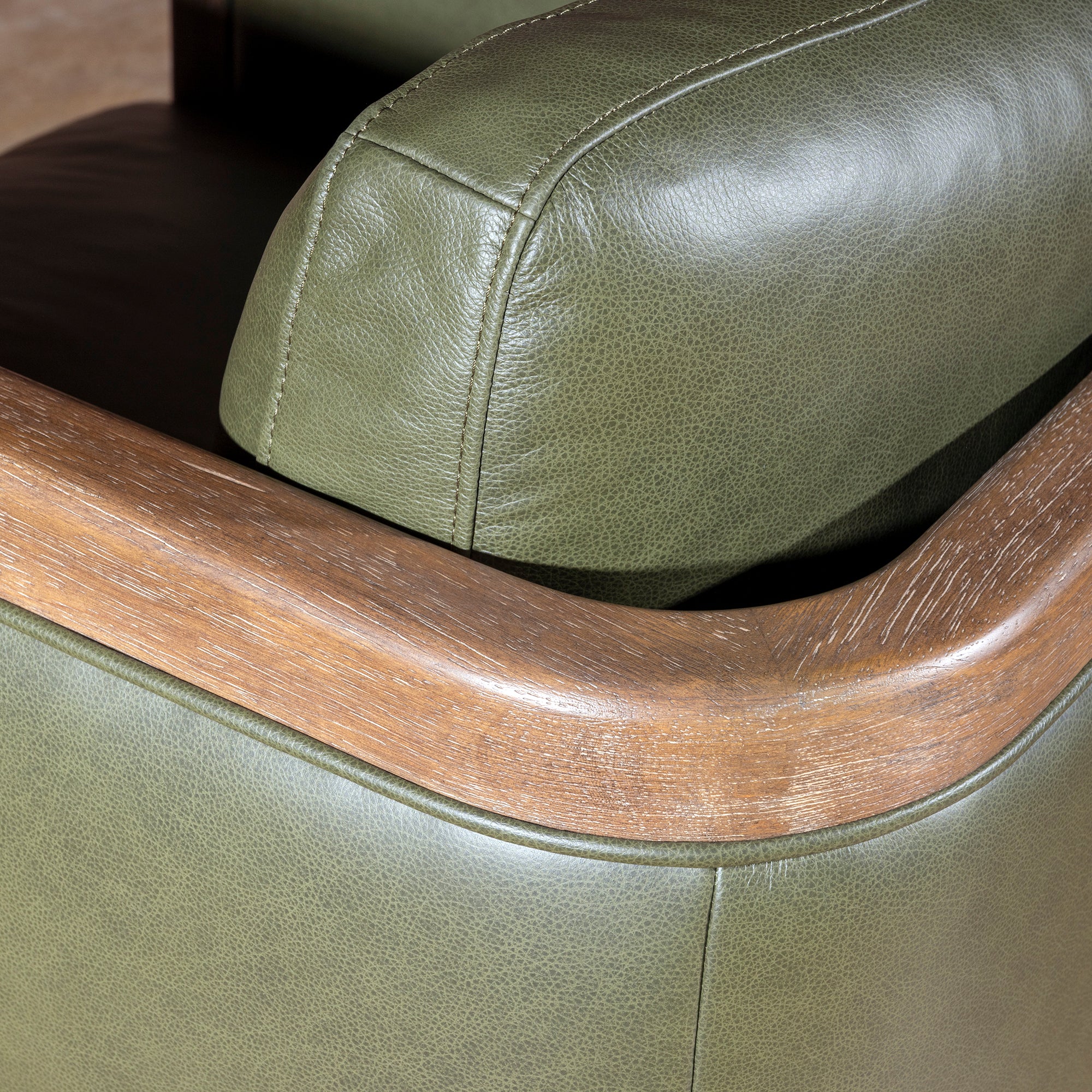Sagewood Club Chair modern Western accent chair in olive leather with shelter arms, wood frame, and lounge comfort