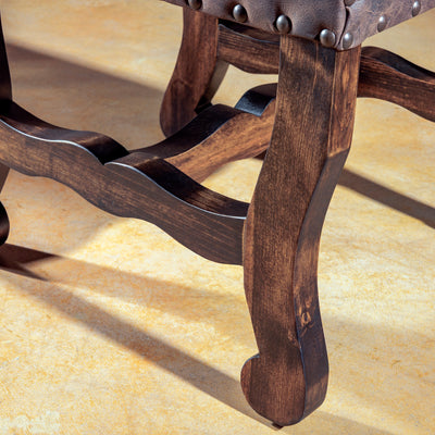 Scrolled wood leg and stretcher base on handcrafted dining chair