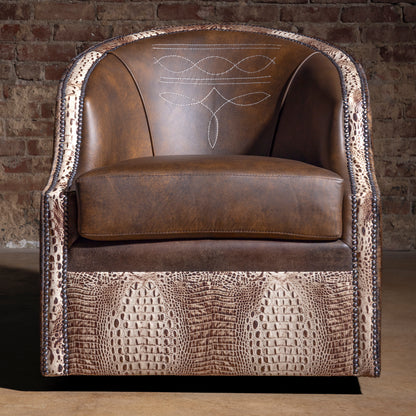 Front view of San Saba Bootstitch Swivel Chair with boot-stitch detail and cowhide exterior