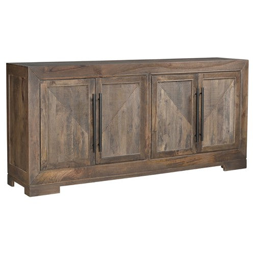 Crafted from sturdy mango wood, the Sanibel Console boasts a dark antique walnut finish and four doors with sleek metal handles. Elevate your space with this expertly designed piece, perfect for adding both style and functionality to any room.