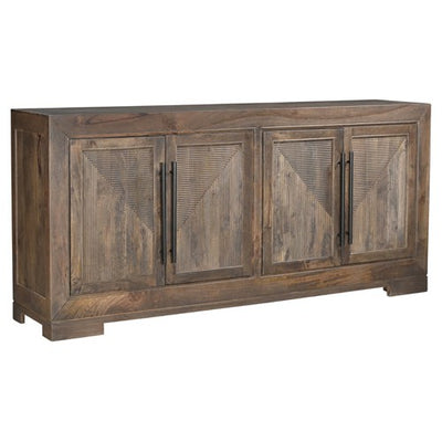 Crafted from sturdy mango wood, the Sanibel Console boasts a dark antique walnut finish and four doors with sleek metal handles. Elevate your space with this expertly designed piece, perfect for adding both style and functionality to any room.