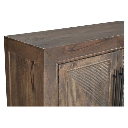 Crafted from sturdy mango wood, the Sanibel Console boasts a dark antique walnut finish and four doors with sleek metal handles. Elevate your space with this expertly designed piece, perfect for adding both style and functionality to any room.