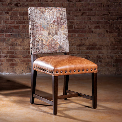 Santa Fe Tapestry Dining Chair with caramel leather seat and vintage textile back