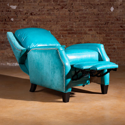 Western turquoise leather recliner fully extended with footrest
