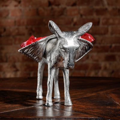 Silver donkey candy dish sculpture with red wrapped candies