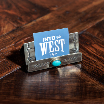 J. Alexander silver and turquoise business card holder with Into The West card