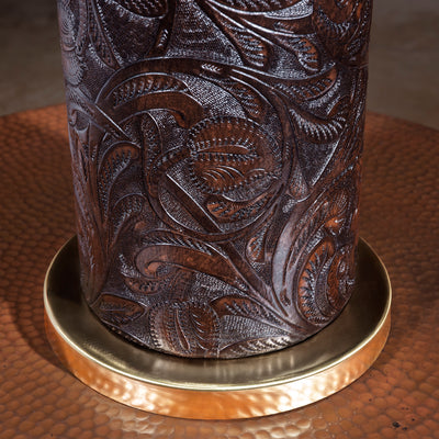 Brass ring base detail on hand-tooled leather Western table lamp