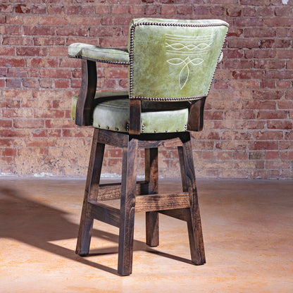 Rear view of Sonora Verde Bar Stool in green leather with boot-stitch detail and nailhead trim