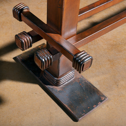 Close up of the Spur Line Iron Console Table iron base with stacked Western collar details