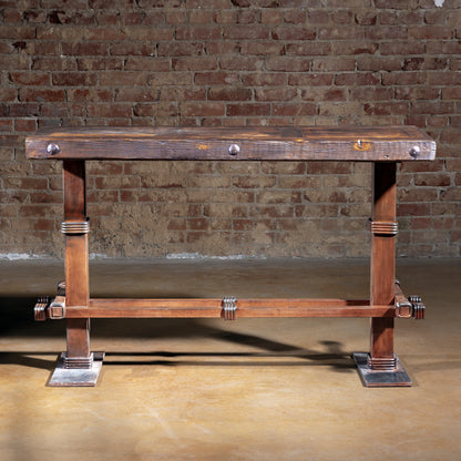 Front view of the Spur Line Iron Console Table with reclaimed wood top and slim iron base