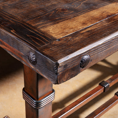 Detail of reclaimed wood top on the Spur Line Iron Console Table showing rich grain and distressing