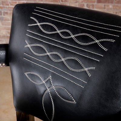 Stallion Grove Bar Stool western axis hide bar stool closeup showing black leather backrest with contrast bootstitch embroidery and refined Western lines