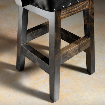 Stallion Grove Bar Stool western axis hide bar stool frame detail with alderwood legs, stretcher support, and handcrafted ranch-ready construction