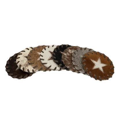 Round natural cowhide coasters. Assorted Colors. Price is PER COASTER - NOT A SET. This set of naturally absorbent leather coasters are Natural shed-free hair on cowhide which prevents drink from sticking, and shows no discoloration when wet. These are made from premium hair-on leather.