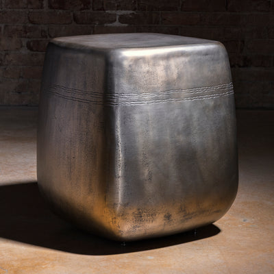 Sterling Spur Accent Table silver metal accent table with a rounded cube silhouette, burnished finish, and refined Western styling